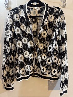 Joseph Ribkoff Size 8 Black White Crochet Lace Bomber Jacket NWT Made Canada